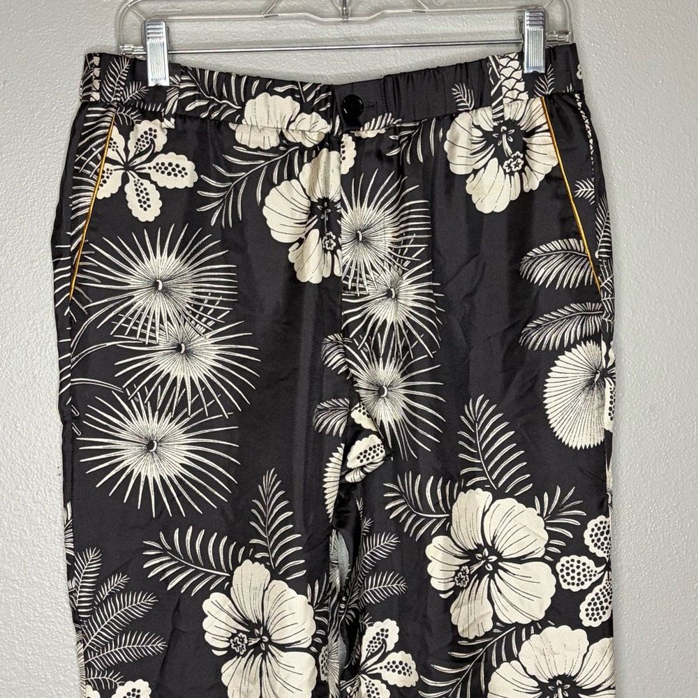 J Crew 100% Silk Trouser Pants Women 6 Black Floral Crop Gold Piping Tropical - Picture 3 of 12